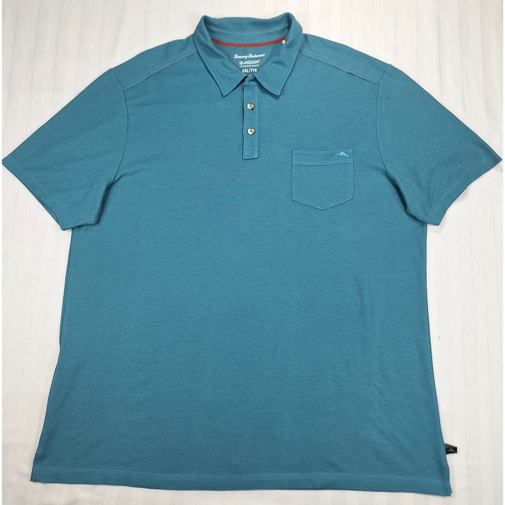 Tommy Bahama IslandZone Mens XXL Teal Blue Pima Cotton Blend Pocket‎ Polo Shirt